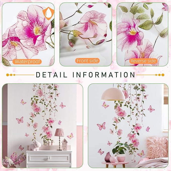 2 Sheets Removable Hanging Pink Vine Flowers Wall Decal Green Leaves Wall Decal DIY Pink Butterfly Stickers Self-Adhesive Art Decor for Girls Room Living Room Bedroom TV Backdrop Decor