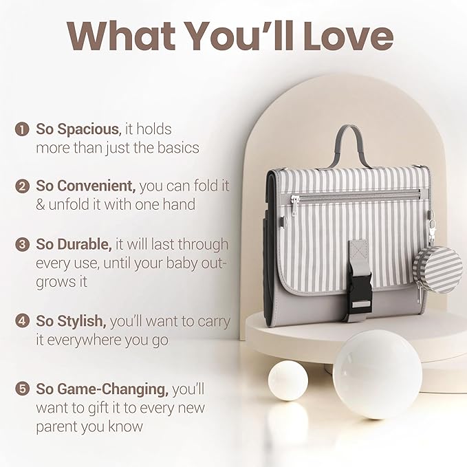 Portable Diaper Changing Pad - Large, Waterproof Travel Changing Pad for Baby with Extra Storage, Wipes Pocket & Pacifier Case - Portable Diaper Changing Station - Gray Striped