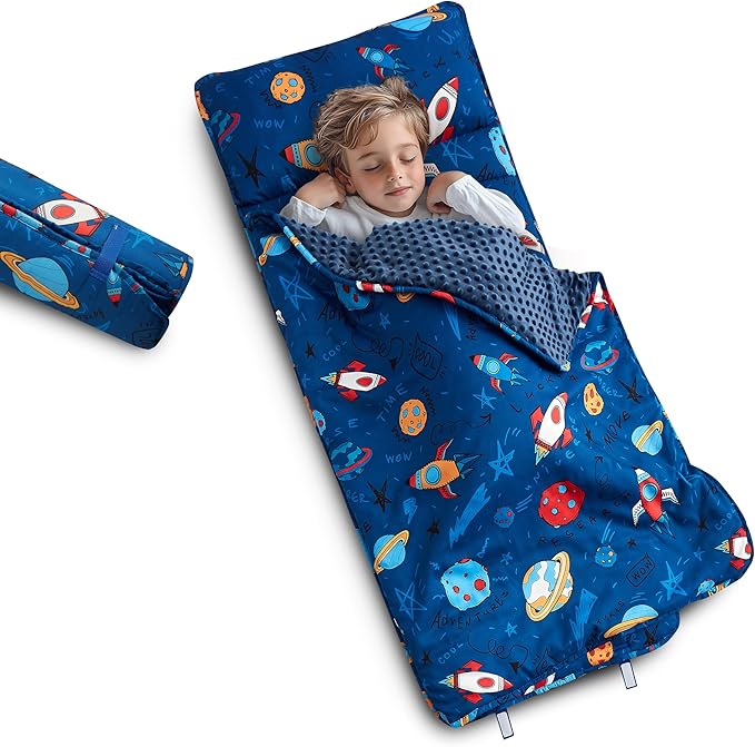 Toddler Nap Mat with Removable Pillow & Minky Blanket Sleeping Bag for Kids Handle & Fastening Nap Mats for Preschool Daycare Kindergarten Kids Sleeping Bag (Ages 2-7 Years) Blue Dinosaur