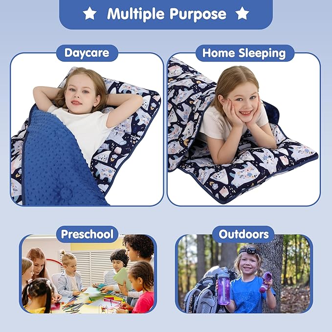 Viviland Toddler Kid Nap Mat for Preschool, Girls Deep Blue Bear Slumber Bag, Daycare Sleeping Bag with Pillow and Blanket, Kindergarten Sleep Mat