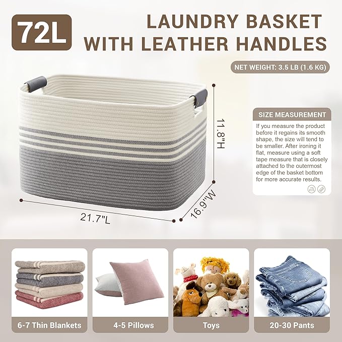 72L Large Laundry Basket with Leather Handles for Living Room Storage, Woven Rope Baskets Bin for Blanket, Kids Toy, Gifts, Wicker Hamper for Bedroom Dirty Clothes, 22"x17"x12" White Grey