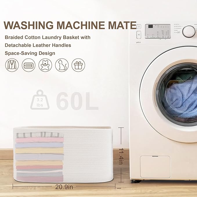 60L Small Baby Girls Laundry Basket for Nursery Storage,Cute Woven cotton Rope Baskets for Kids Toy，Gifts,Boho Square Wicker Blanket hamper for Living Room,Bedroom Dirty Clothes, White