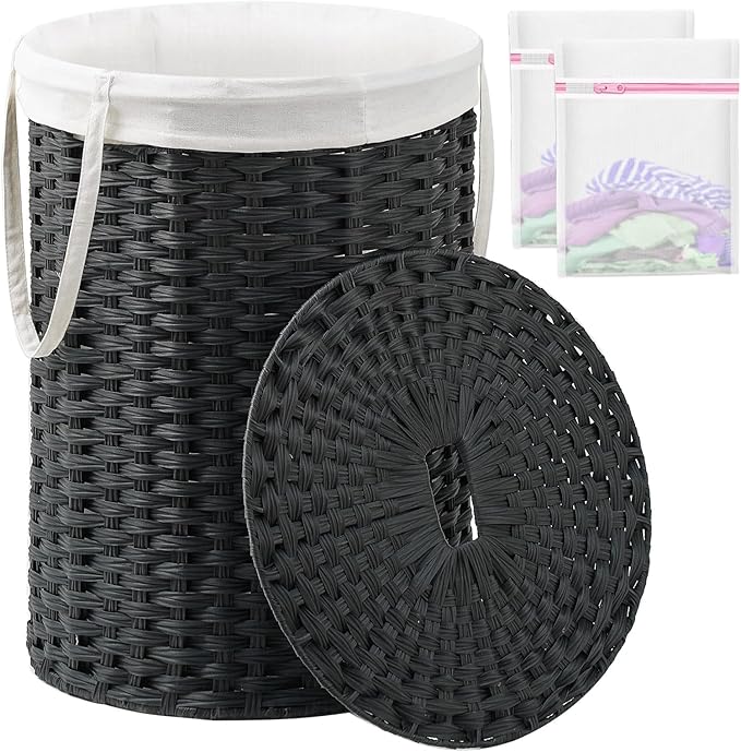 Laundry Basket with Lid Round Rattan Laundry Hamper with Lid and Handles 29.1 Gal (110 L) Handwoven Woven Basket with Removable Bags and 2 Mesh Bags for Bathroom Living Room Black