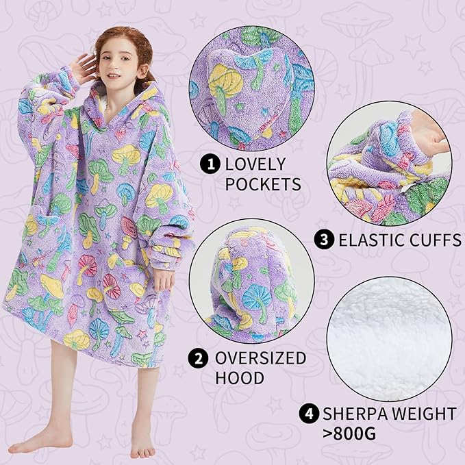 Fiosnow Glow in the Dark Mushroom Blanket Hoodies for Kids 6-13YR Oversize Wearable Blanket Hoodies for Boys Girls Teens