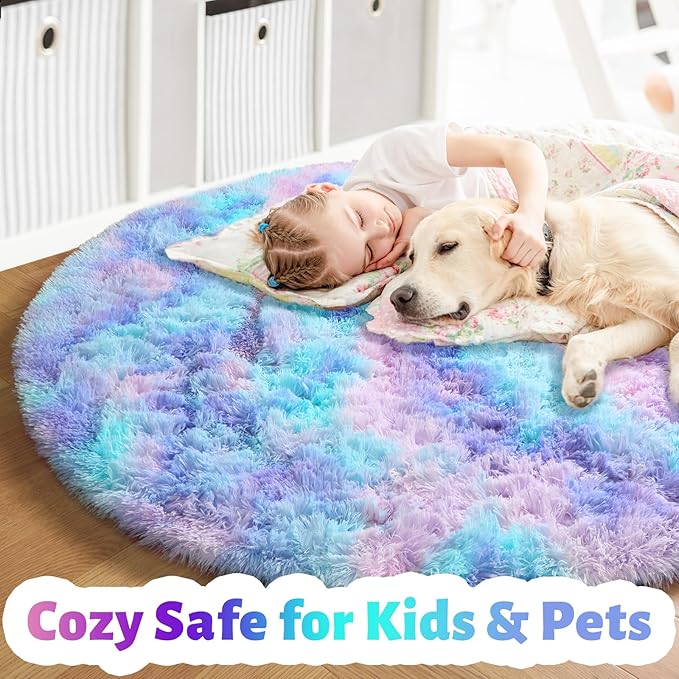 Amdrebio Purple Rainbow Round Rug 4Ft for Bedroom Girls Room Decor, Mermaid Stitch Frozen Kids Rugs for Playroom Nursery Dorm, Fluffy Furry Cute Shag Carpet, Kawaii Circle Area Rugs for Baby Toddler