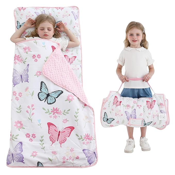 Viviland Toddler Kid Nap Mat for Preschool, White Butterfly Slumber Bag, Daycare Sleeping Bag with Pillow and Blanket, Kindergarten Sleep Mat