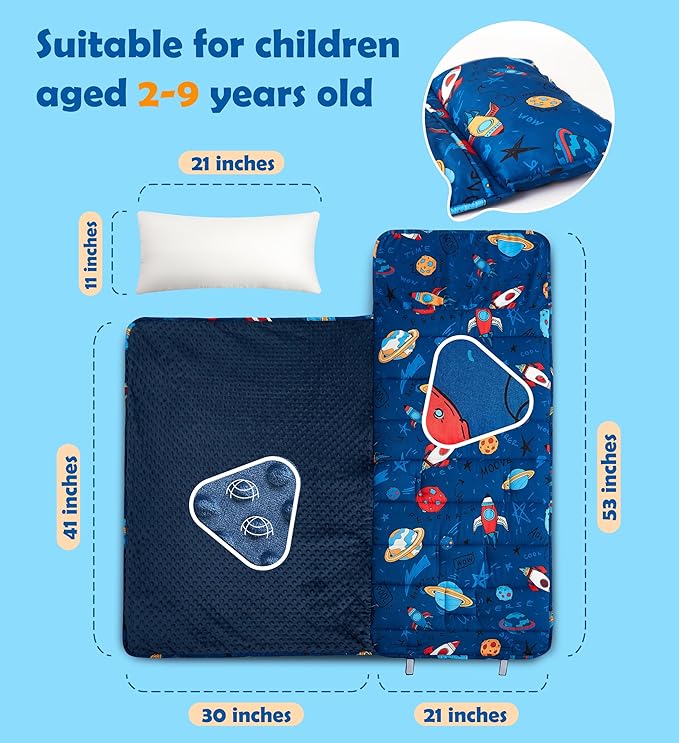 Toddler Nap Mat with Removable Pillow & Minky Blanket Sleeping Bag for Kids Handle & Fastening Nap Mats for Preschool Daycare Kindergarten Kids Sleeping Bag (Ages 2-7 Years) Blue Dinosaur