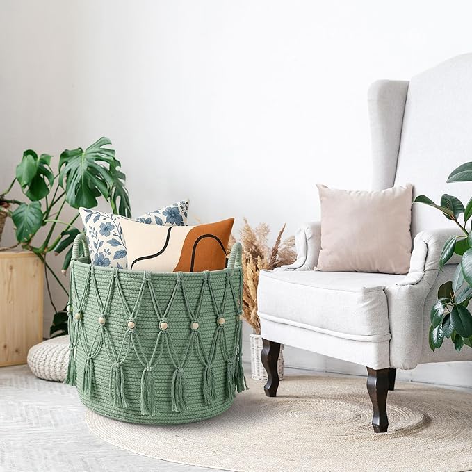 Blanket Basket for Living Room Decor Storage Basket for Toy Organizer Boho Decor Baskets for Modern Farmhouse Decor Small Laundry Basket for Bedroom and Laundry Room Organization,Green