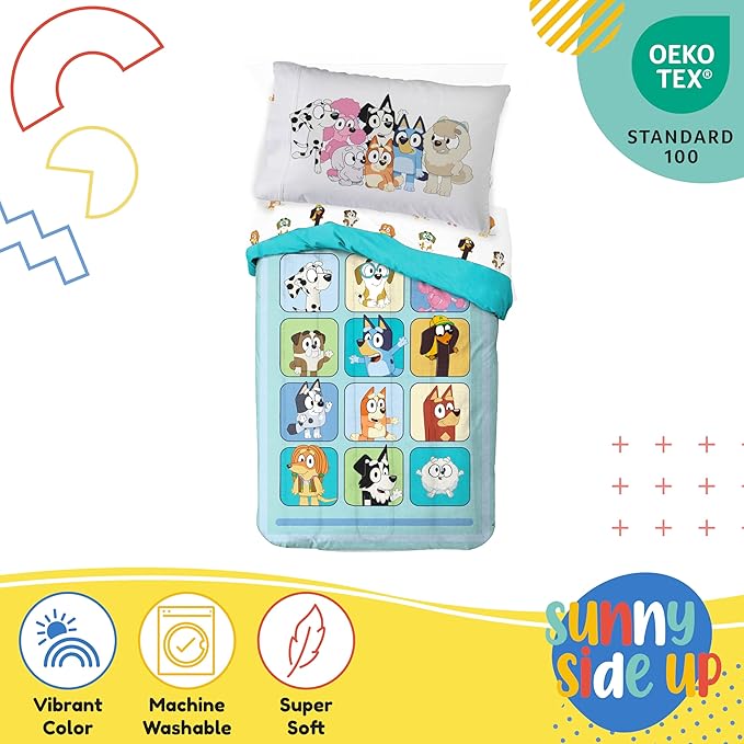 Sunny Side Up Bluey & Friends Toddler Comforter Set - 4 Piece Preschool Bedding Includes Comforter, Sheets & Pillow Cover - Super Soft Microfiber Bed Set
