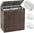 Laundry Hamper with Lid Wicker Laundry Basket 112 L (29.6 Gal) Laundry Hampers Handwoven Rattan Laundry Hamper with Handles 3 Removable Washing Bag, 6 Mesh Bags for Bathroom Bedroom Brown