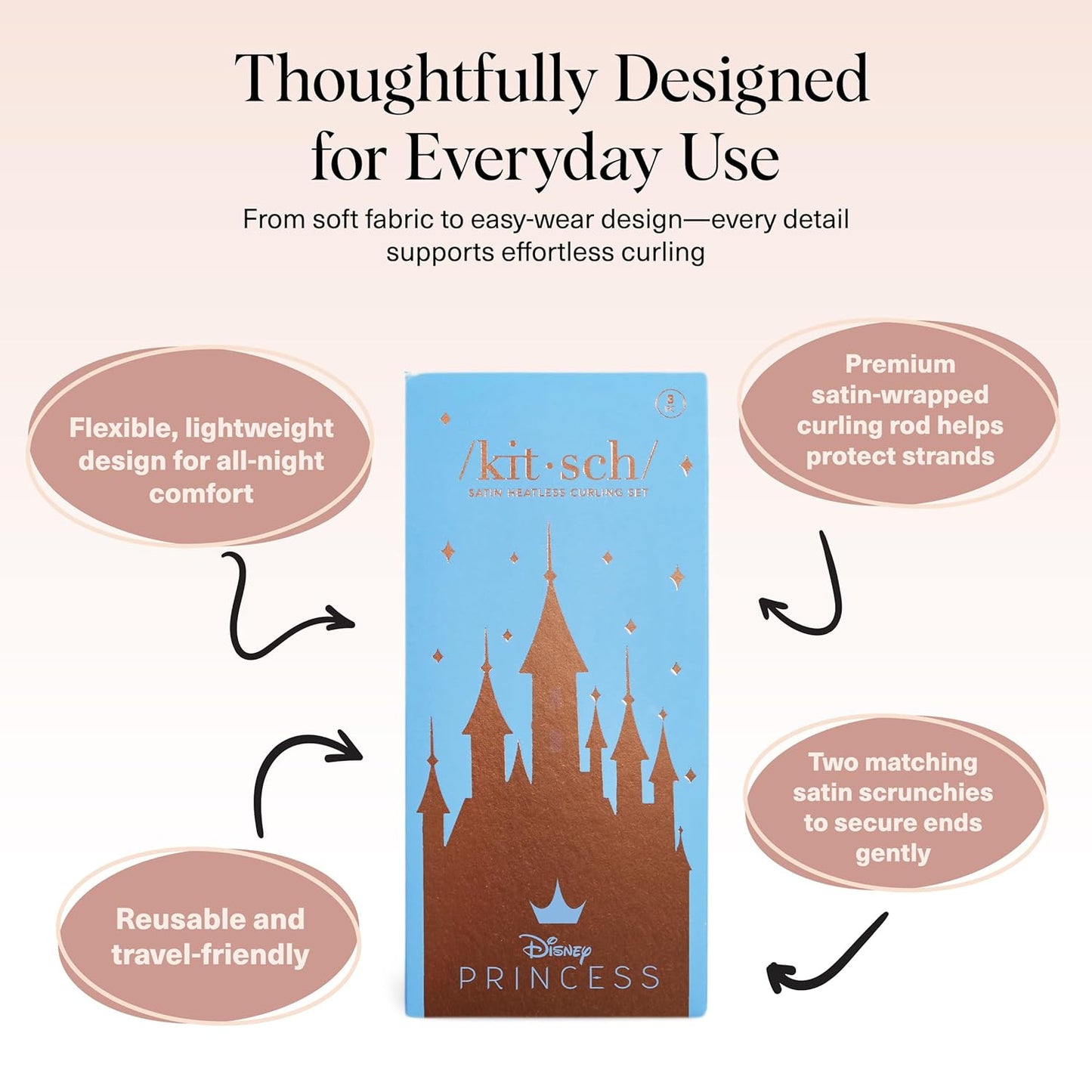 Disney & Kitsch Satin Heatless Hair Curler Set - Heatless Curls Overnight, Hair Rollers for Soft Curls & Frizz-Free Styling, No Heat Curlers To Sleep in, Curling Rod Headband - Princess Party