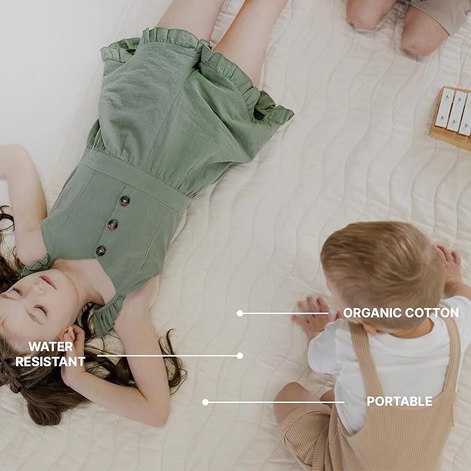 Toddlekind Premium Indoor/Outdoor Playmat & Picnic Blanket – Organic Quilted Cotton, Water-Resistant, Anti-Slip, Reversible Design, Spacious Play Mat for 6 People, Easy Roll-Up w/Carry Handle, Tofu