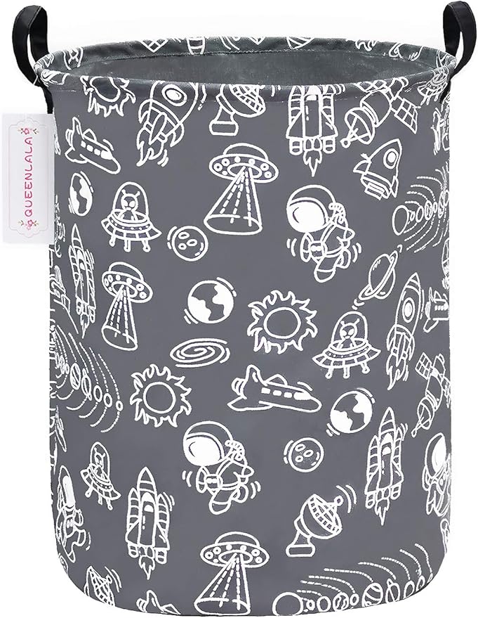 QUEENLALA Large Storage Basket,Laundry Hamper/Bathroom/Home Decor/Collapsible Round Storage Bin,Boys and Girls Hamper/Boxes/Clothing(Round-Grey space exploration)