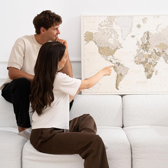 Canvas World Map with Cork Pin Board - English Lettering - Decorative Wall Decoration for All Rooms - Canvas Pictures with World Map Motif (70x50 cm, Pattern 8)