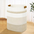 Laundry Basket with Handles - Blanket Basket & Hampers for Bedroom Aesthetic, Laundry Hamper & Blanket Storage for Living Room, Clothes Hamper, Tall, Large 17" x 14" x 22”, Light Brown & White