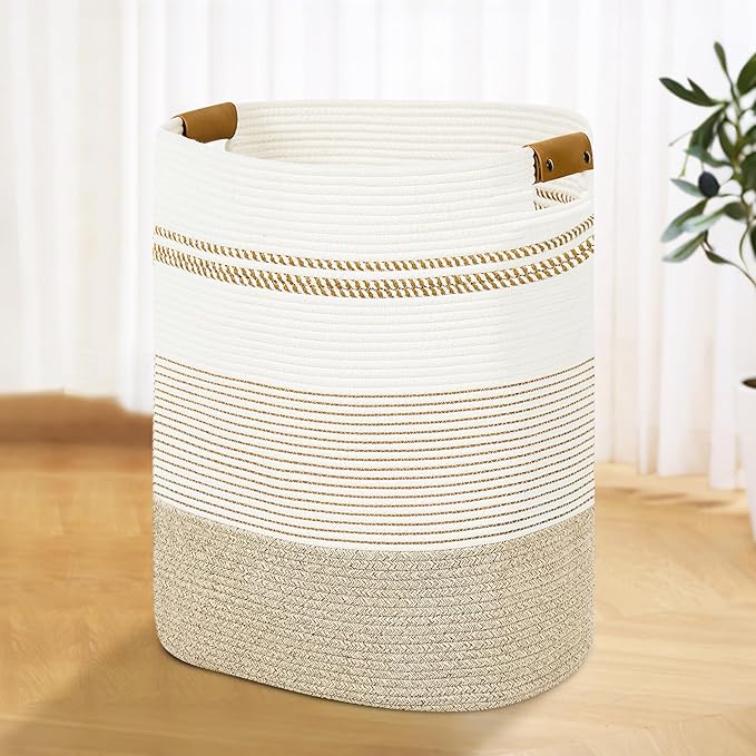 Laundry Basket with Handles - Blanket Basket & Hampers for Bedroom Aesthetic, Laundry Hamper & Blanket Storage for Living Room, Clothes Hamper, Tall, Large 17" x 14" x 22”, Light Brown & White