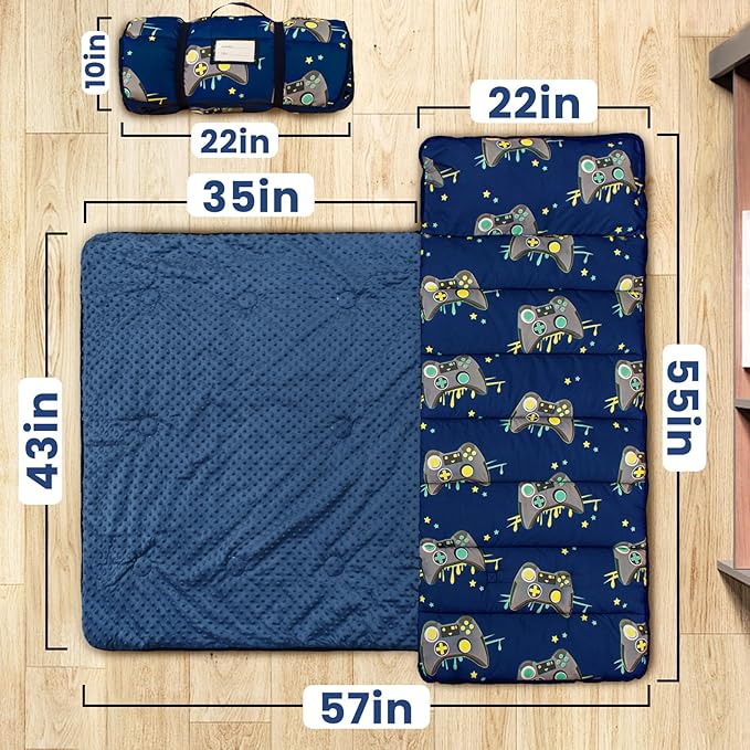 Toddler Nap Mat with Pillow and Minky Blanket, Large 55"x35" Sleeping Bag, Washable, Lightweight, Easy to Roll, Perfect for Preschool, Daycare, Kindergarten, Travel, Boys and Girls(Gamepad)