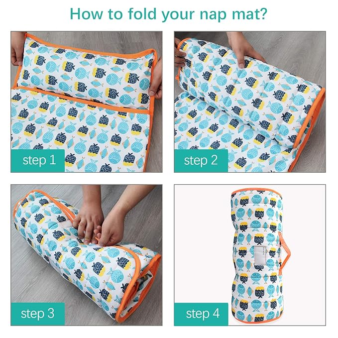 Biloban Toddler Nap Mat with Blanket, Cot Nap Mats for Standard Daycare Preschool, Roll up Lightweight Portable Sleeping Bag for Kids, Super Soft Cozy, Fish, 50" x 21"