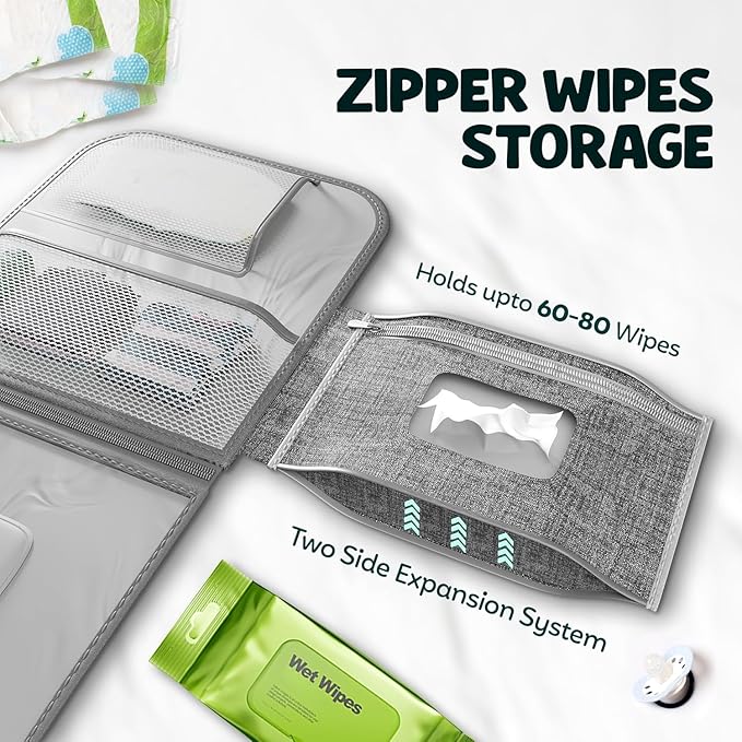 Portable Diaper Changing Pad - Waterproof Travel Diaper Clutch with Wipes Pocket & Storage - Foldable Wipeable Changing Mat for Baby - Newborn Shower Gift - Grey