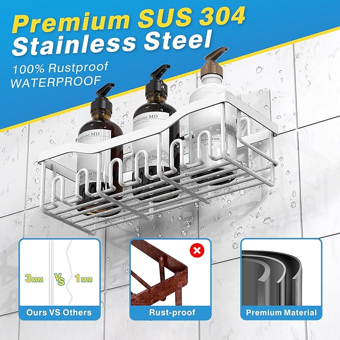 EUDELE 5-Pack Rustproof Stainless Steel Shower Caddy – No Drill Adhesive Bathroom Organizer with Large Capacity, Spacious Shower Shelves for Inside Shower, Kitchen & Home Decor Storage-XL Size