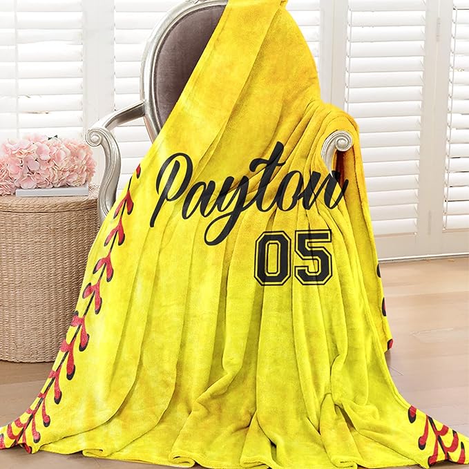 Personalized Softball Kids Blanket with Naumber and Name - Custom Sport Bed Blankets Gift for 0-3 Months Baby Essential - Super Warm and Comfortable 60x80inch