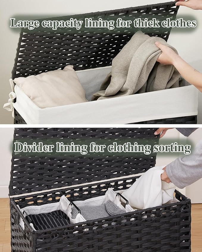 Laundry Hamper with Lid Laundry Basket 132 L (35 Gal) Wicker Clothes Hamper, Handwoven Rattan Hamper with Handles and 4 Removable Liner Bags, 6 Mesh Bags for Laundry Bedroom Black