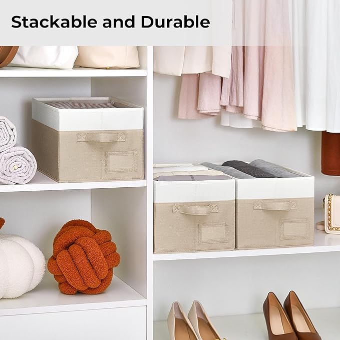 GRANNY SAYS Shelf Storage Baskets, Fabric Storage Bins for Clothes, Closet Storage Boxes with Handles, Collapsible Storage Containers for Bedroom and Living Room, Khaki and Ivory, Large, 3-Pack