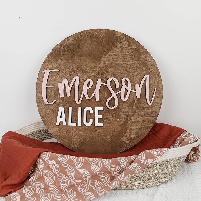 Custom Round Nursery Name Sign, Personalized Wooden Wall Plaque, 12" 18" 24", 30" 3D Wall Art for Children & Kids Rooms, Baby Shower, Hickory Hollow Designs (Emerson Alice)