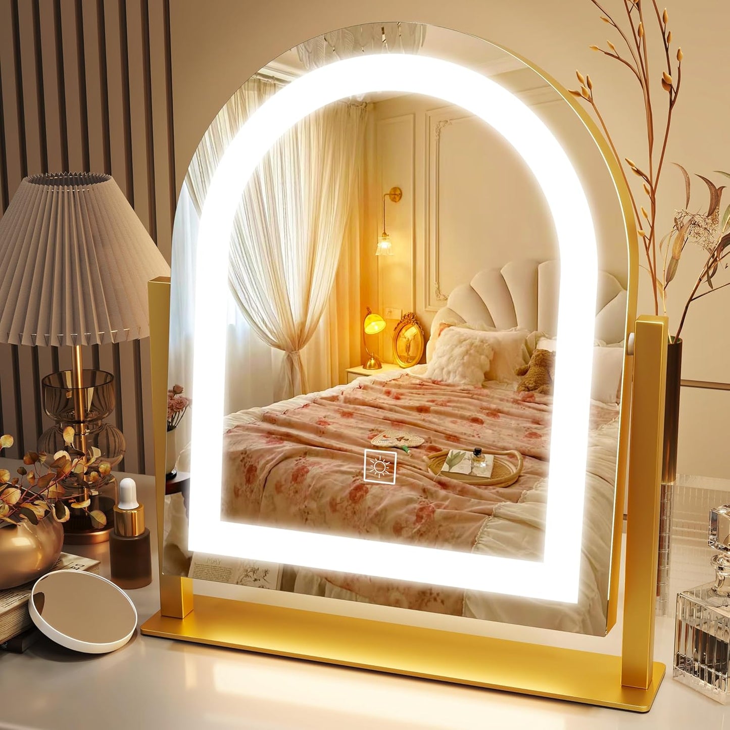 Lighted Makeup Mirror with 3-Color Dimmable Lighting, with Removable 10x Magnifier, Smart Touch Control, 360° Rotation, 15" x 13" Hollywood Vanity Mirror for Tabletop Desk (Gold)
