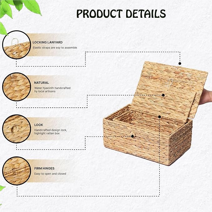 Set of 3 Wicker Storage Baskets with Lid, Large Rectangular Rattan Basket Decorative Boxes, Natural Water Hyacinth Wicker Basket for Shelf Organizer, Nursery Room