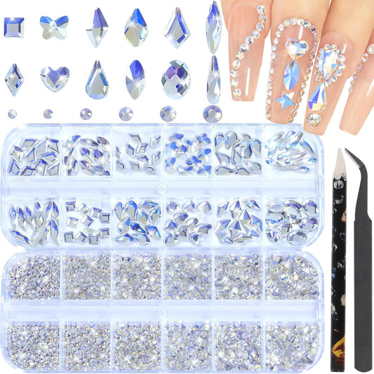 Nail Rhinestones - 3D Multi Shape Size, Flat Back, Manicure Rhinestones Charms, Crystal Moonlight Blue Gems, with Kit, for Nail Art, Bedazzling Acrylic Nails, DIY Decor