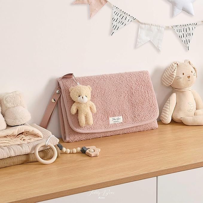 J&Joo Portable Diaper Changing Pad - Ultra Soft, Extra Padded, Waterproof Baby Changer Travel Essential, EZ Access Mesh Pockets, Gift for Baby Shower, Newborn Girls and Boys, 0-12 Months