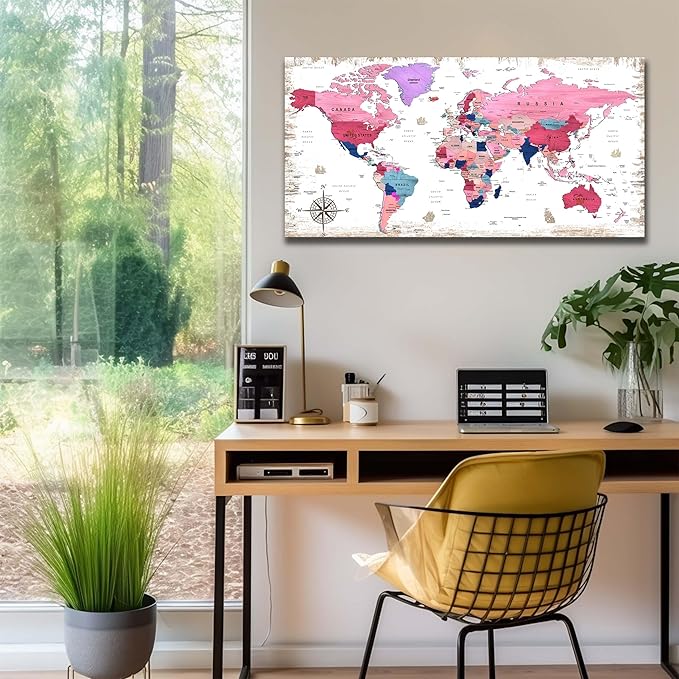 ZHAOSHOP Pink Pictures Wall-Decor - World Map Canvas Wall Art For Bedroom Girls - Wall Pictures For Living Room Decor Ready to Hang Size 40" x 20"