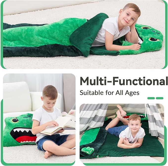 iPlay, iLearn Kids Dinosaur Sleeping Bag, Toddler Boys Dinos Nap Mat, Plush Animal Slumber Bag, 2 In 1 Daycare Preschool Kindergarten Birthday Gift Travel Sleepover for 3 4 5 6 7 8 10 12 Yr Child Teen