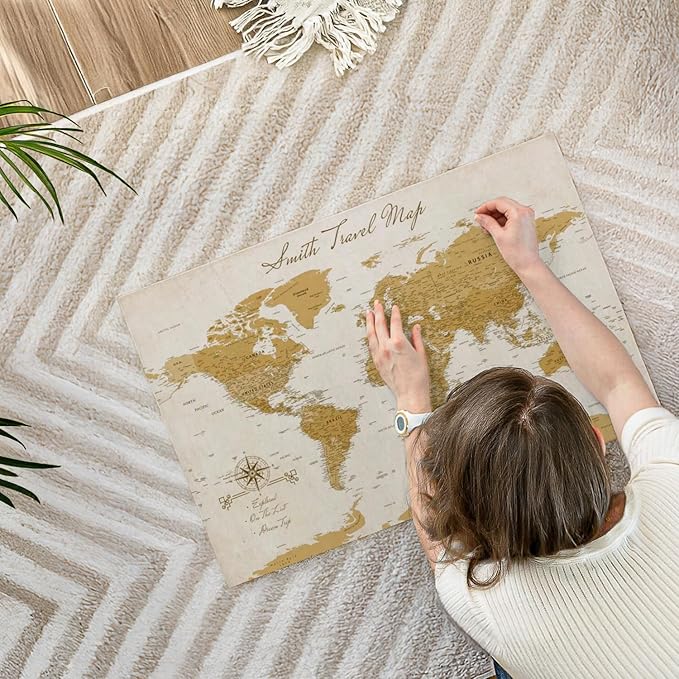 ElephantStock - Personalized Travel Push Pin World Map Wall Art - Horizontal Canvas Wall Art - Living Room Wall Decor - Digital Art Map Canvas Art - Orange And Beige Decor - 30" x 20"