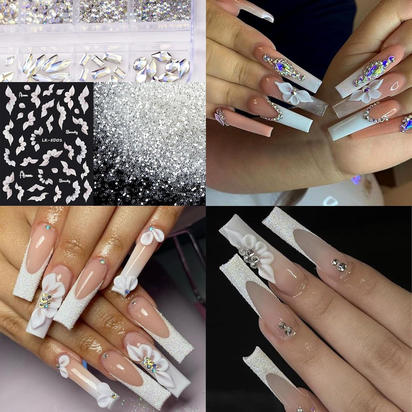 Nail Art Rhinestones for Nails, Flatback Multi Shape Gems 3D Flowers Nail Charms Mixed Nail Glitter Powder Nail Supplies Moonlight Crystal Jewelry Nail Accessories for Women Nail Decorations Design.