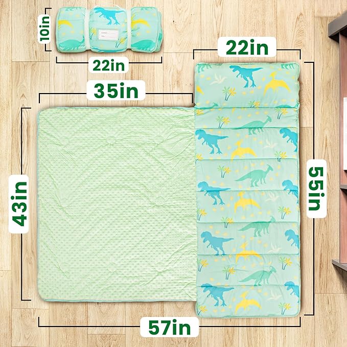 Toddler Nap Mat with Pillow and Minky Blanket, Large 55"x35" Sleeping Bag, Washable, Lightweight, Easy to Roll, Perfect for Preschool, Daycare, Kindergarten, Travel, Boys and Girls(Dinosaur)
