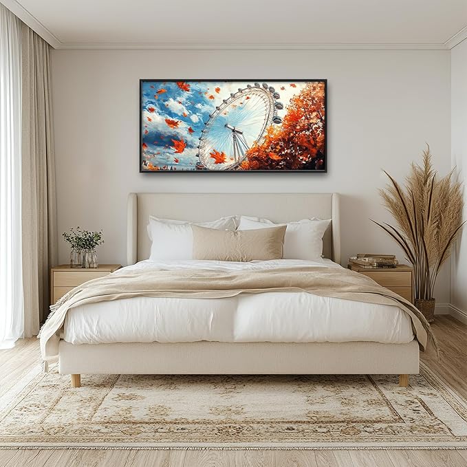 Olivine Large Fall Wall Art, London Eye Pictures Wall Decor, Fall London Painting, Autumn Canvas Prints, Framed Artwork for Bathroom Bedroom Living Room Office Home Decoration 60"x30"