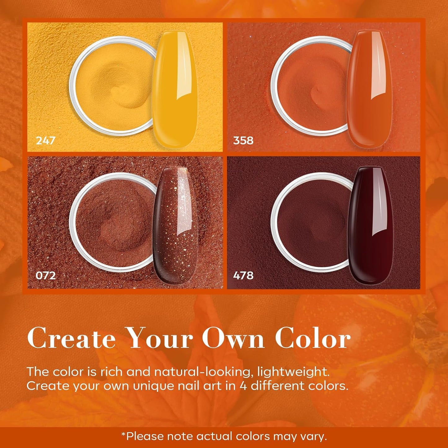 AZUREBEAUTY Dip Powder Nail Kit Starter, Fall Winter Yellow Orange Brown Glitter 12 Pcs 4 Colors Acrylic Dip Powder Liquid Set with Base/Top Coat Activator for French Nail Art Manicure DIY Gift