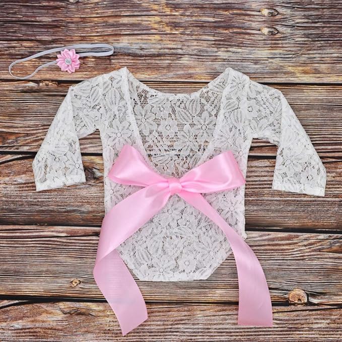 Newborn Girl Photography Outfits, Backless Lace Romper with Flower Headband Photo Props, Baby Girl Photoshoot Outfits