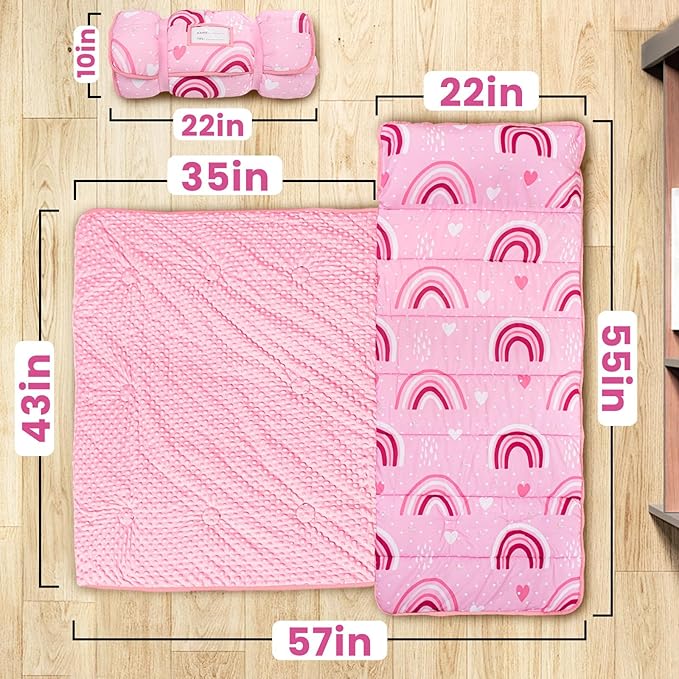 Toddler Nap Mat with Pillow and Minky Blanket, Large 55"x35" Sleeping Bag, Washable, Lightweight, Easy to Roll, Perfect for Preschool, Daycare, Kindergarten, Travel, Boys and Girls(Rainbow)