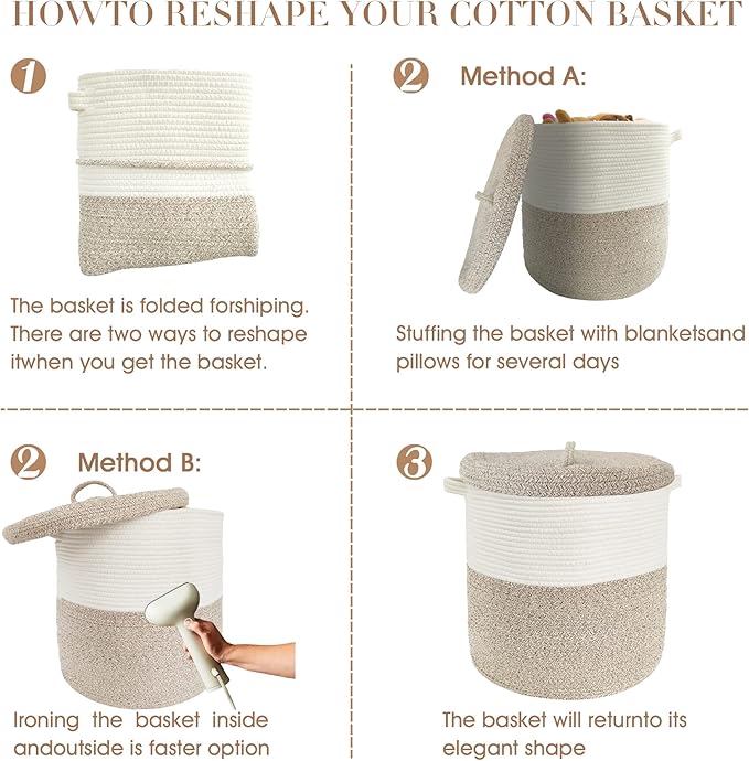 Large Storage Basket with Lid 60L, 16"Wx18"H Woven Laundry Hamper Basket with Handle, Room Decor Cotton Rope Wicker Basket Toy Organizer Bins for Clothes Blankets Pillows, Beige/White Mix includes Lid