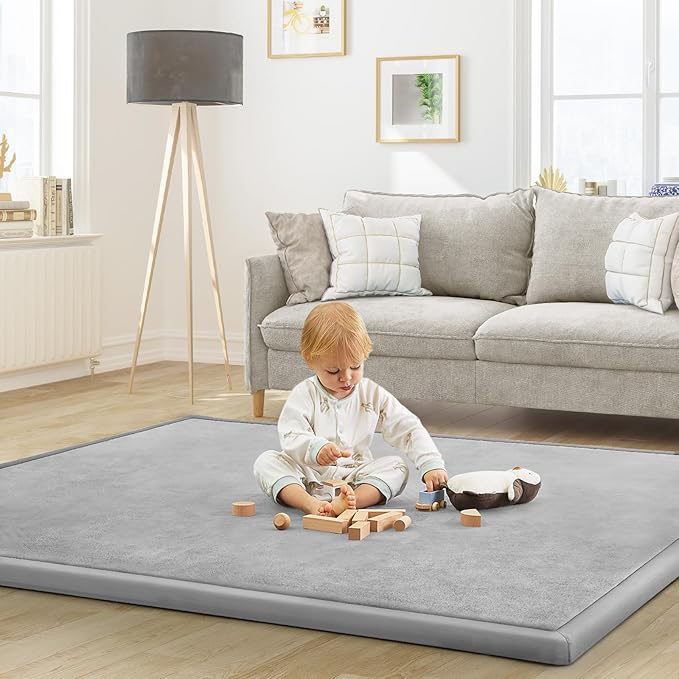 Baby Play Mat for Floor Tummy Time Mat Nursery Muscle Area Rug Playroom Rug Tatami 59"*71" Memory Foam 1.3" Thick Crawling For Babies,Toddlers, Infants, Kids,Floor(Light Gray)