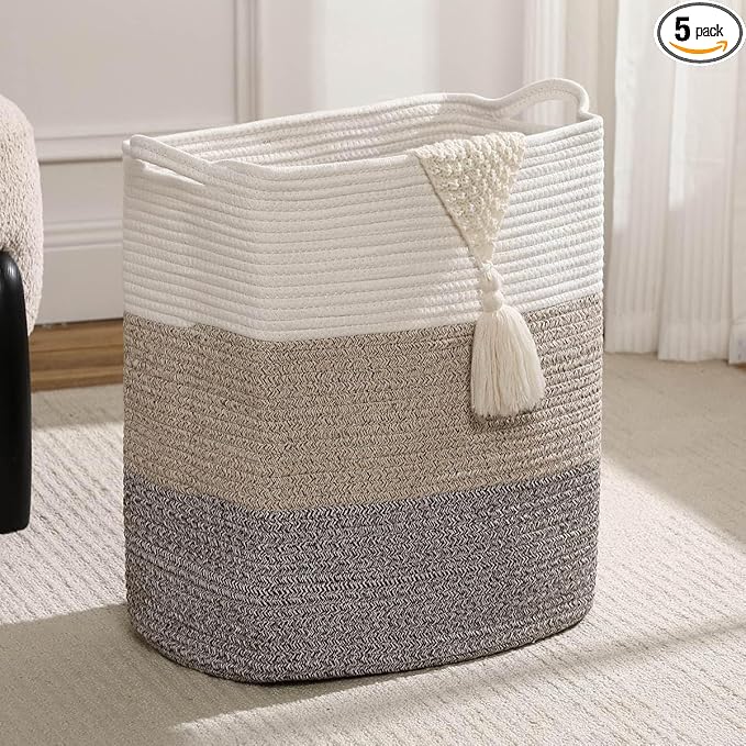 Tall Laundry Basket With Handles,Woven Cotton Rope Big Laundry Hamper Sorters,Versatile Storage for Dirty Clothes,Baby Toys,and Blankets in Bathroom, Nursery,and Living Room (Gradient Brown, 50L)