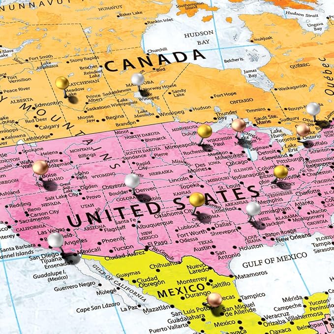 ElephantStock - Personalized Adventure Awaits IV Push Pin World Map Wall Art - Horizontal Canvas Wall Art - Living Room Wall Decor - Digital Art Map Canvas Art - Blue And Green Decor - 51" x 34"