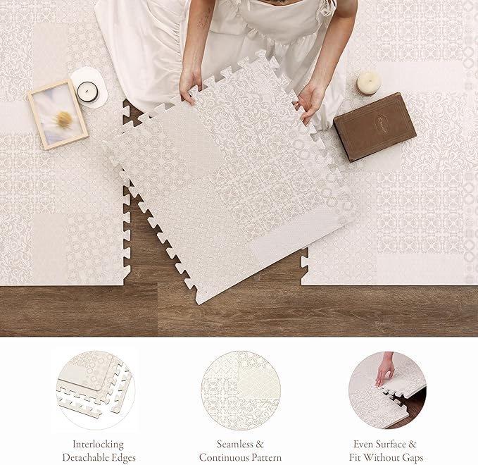 PopsyKosy Premium Baby Floor Play Mat - Thick & Cushioned 0.5 inch Playroom Foam Mat, Non-Toxic Odorless - 6 Tiles - Spacious 6x4 ft. - Stylish & Large, Waterproof for Kids & Toddlers - Totem Beige