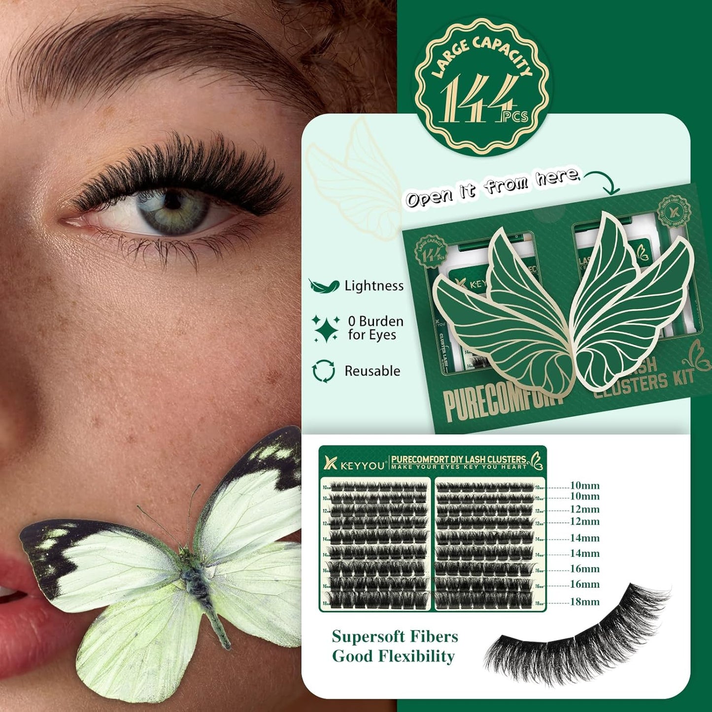 KEYYOU Lash Extension Kit 144pcs Thick Super Soft Lash Clusters,10-18mm D Curl Individual Lashes Kit with Bond and Seal Applicator and Brush Remover Easy to DIY at Home（PC03Kit-D-10-18MIX）