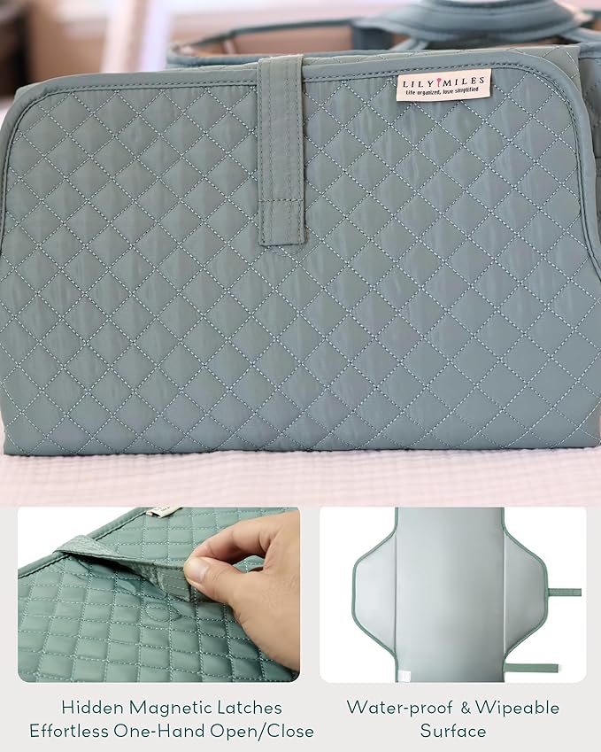 Lily Miles Baby Changing Pad Portable, Diaper Changing Mat with Magnetic Latches, Travel Pad for Diaper Bag, Baby Essentials, Wipeable & Waterproof Mat (Willow Green, Large)