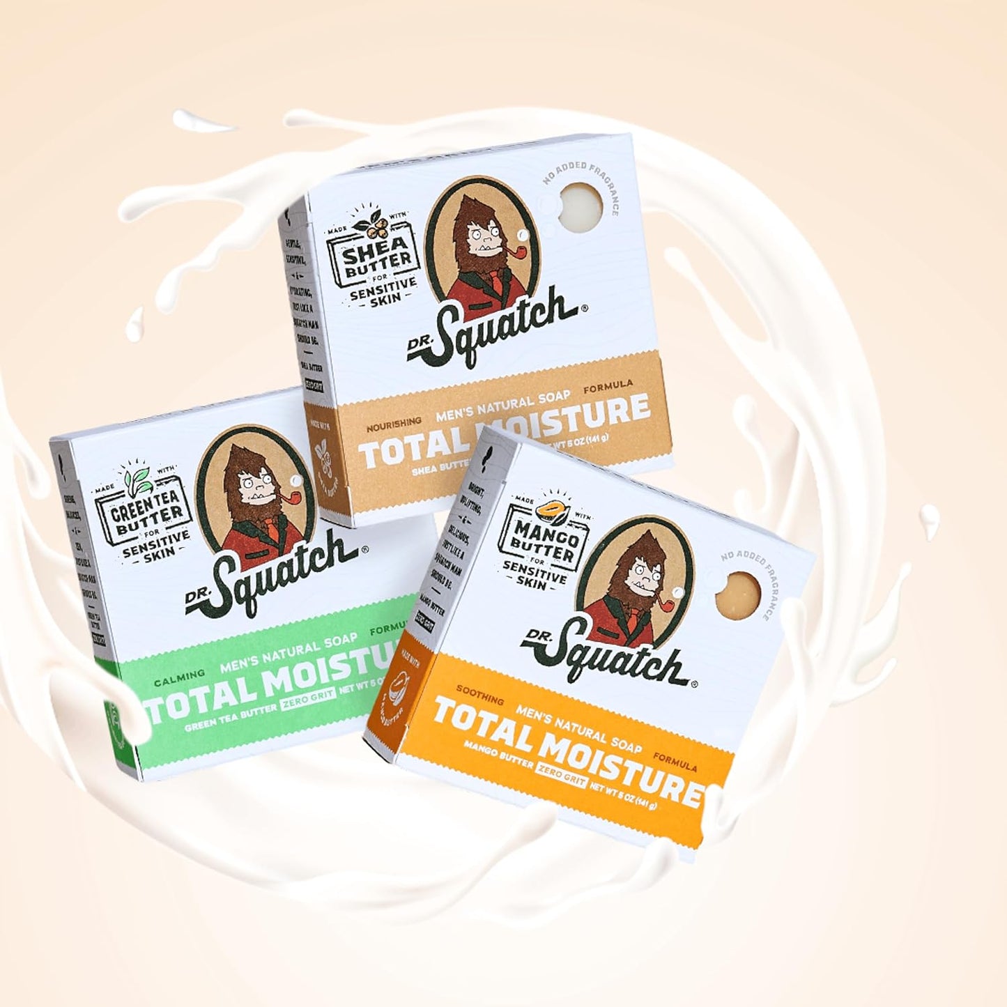 Dr. Squatch NEW Total Moisture Bar Soap for Men - No Added Fragrance Formulated for Sensitive Skin - Shea Butter, Mango Butter & Green Tea Butter (5 oz, 3-pack)