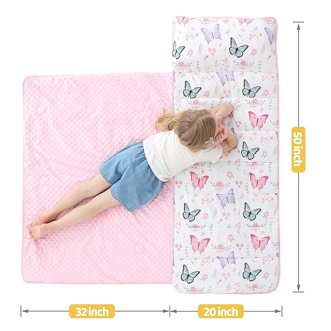Viviland Toddler Kid Nap Mat for Preschool, White Butterfly Slumber Bag, Daycare Sleeping Bag with Pillow and Blanket, Kindergarten Sleep Mat